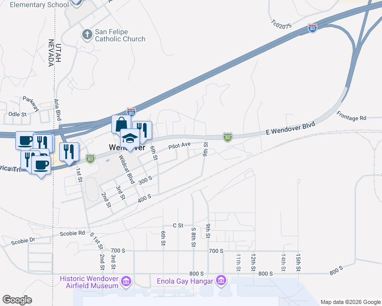 map of restaurants, bars, coffee shops, grocery stores, and more near 800-846 Pilot Avenue in Wendover