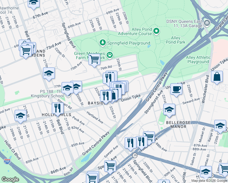 map of restaurants, bars, coffee shops, grocery stores, and more near 7805 Springfield Boulevard in Queens