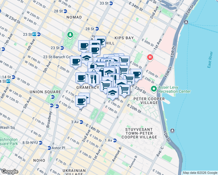 map of restaurants, bars, coffee shops, grocery stores, and more near 241 East 21st Street in New York
