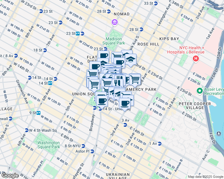 map of restaurants, bars, coffee shops, grocery stores, and more near 215 Park Avenue South in New York