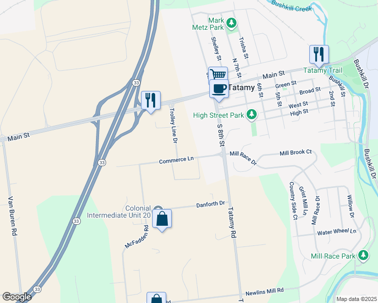 map of restaurants, bars, coffee shops, grocery stores, and more near 130 Commerce Lane in Easton