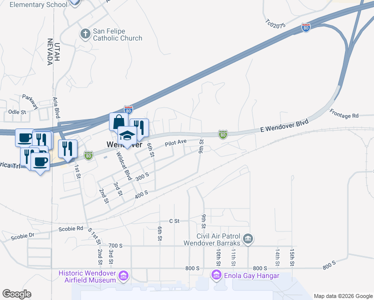 map of restaurants, bars, coffee shops, grocery stores, and more near 800-846 Pilot Avenue in Wendover
