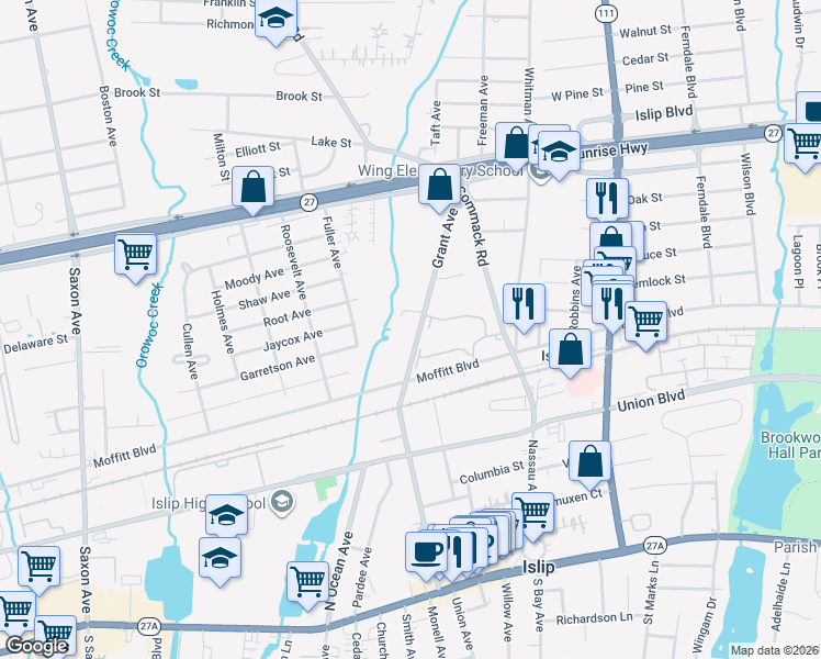 map of restaurants, bars, coffee shops, grocery stores, and more near 234 Grant Avenue in Islip