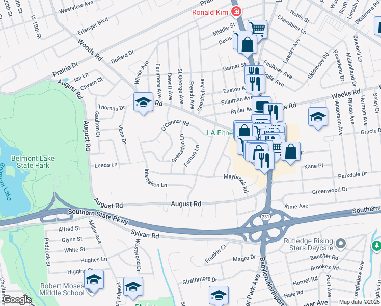 map of restaurants, bars, coffee shops, grocery stores, and more near 479 Grenadon Lane in North Babylon