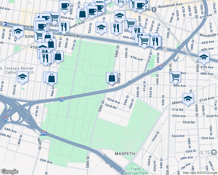 map of restaurants, bars, coffee shops, grocery stores, and more near in Queens