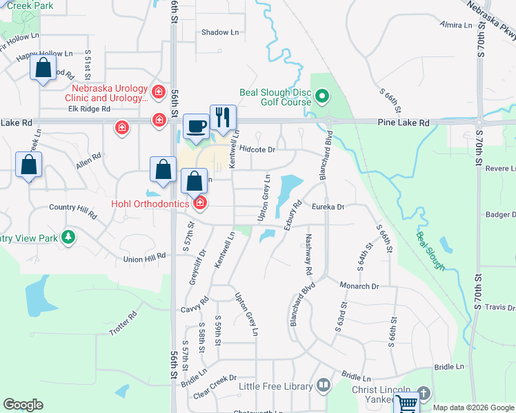 map of restaurants, bars, coffee shops, grocery stores, and more near 5965 Billings Drive in Lincoln