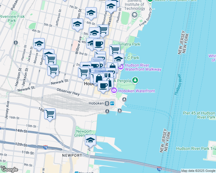 map of restaurants, bars, coffee shops, grocery stores, and more near 5 Marine View Plaza in Hoboken