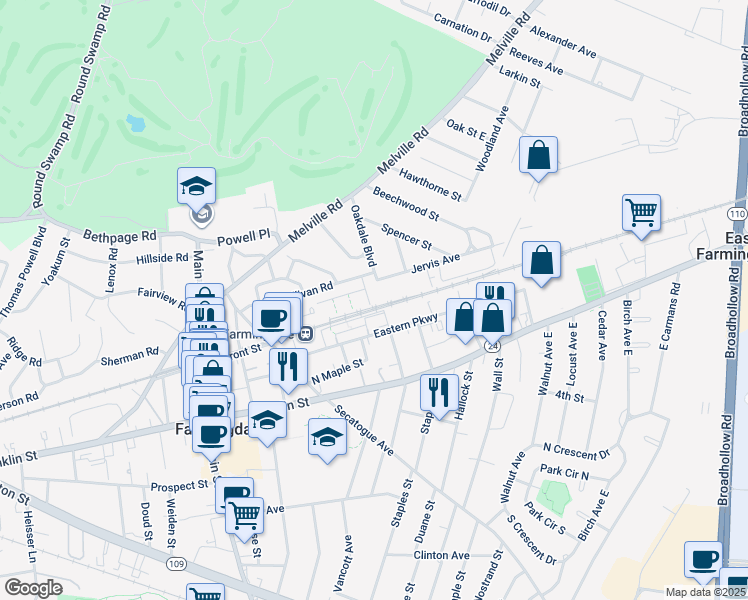 map of restaurants, bars, coffee shops, grocery stores, and more near 15 Ivy Street in Farmingdale