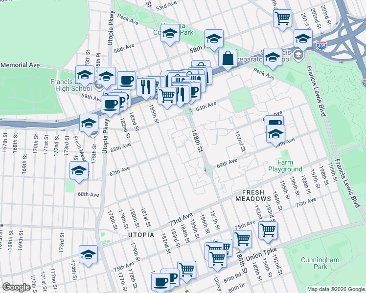 map of restaurants, bars, coffee shops, grocery stores, and more near 67-5H 186th Lane in Queens