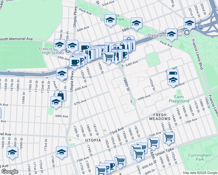 map of restaurants, bars, coffee shops, grocery stores, and more near 64-50 185th Street in Queens