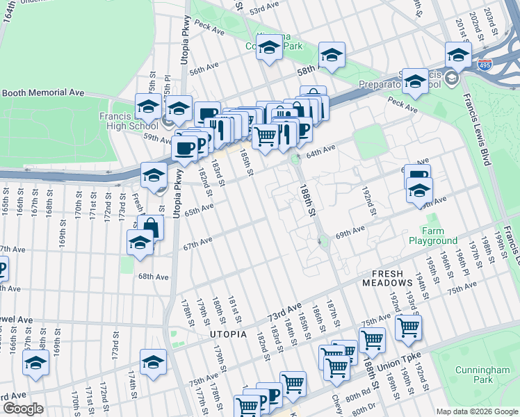 map of restaurants, bars, coffee shops, grocery stores, and more near 64-50 185th Street in Queens