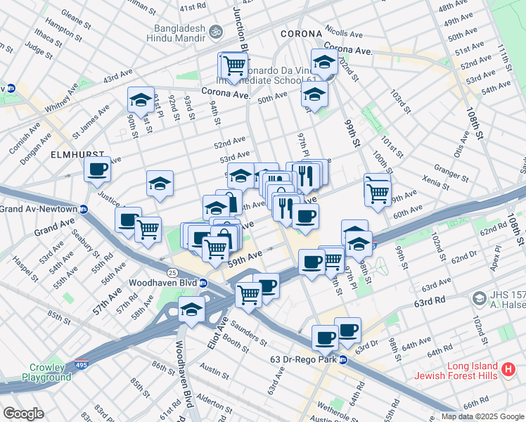 map of restaurants, bars, coffee shops, grocery stores, and more near in Queens