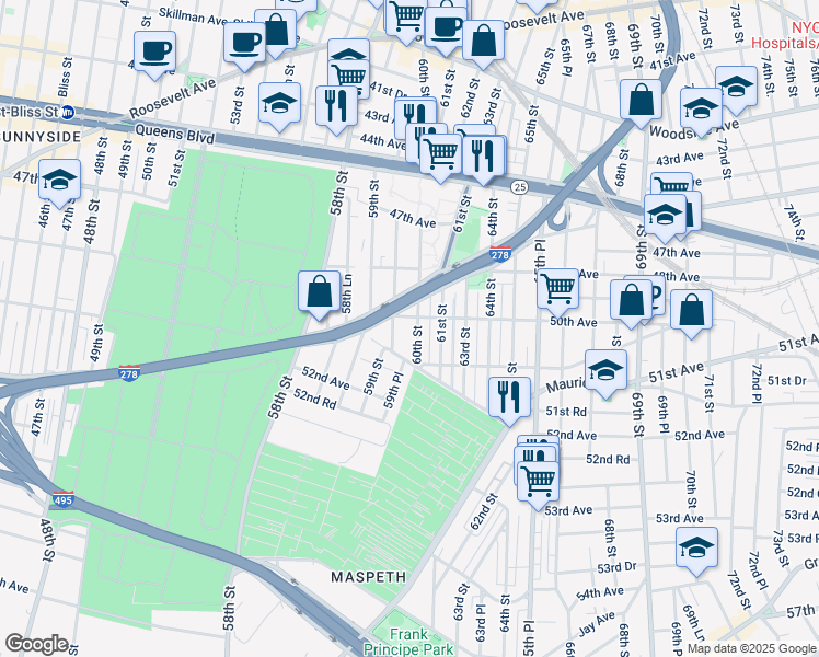 map of restaurants, bars, coffee shops, grocery stores, and more near 50-02 60th Street in Queens