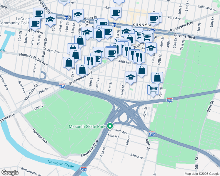 map of restaurants, bars, coffee shops, grocery stores, and more near 50-31 41st Street in Queens