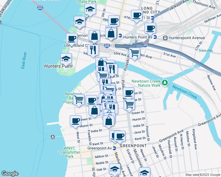 map of restaurants, bars, coffee shops, grocery stores, and more near 52 Box Street in Brooklyn