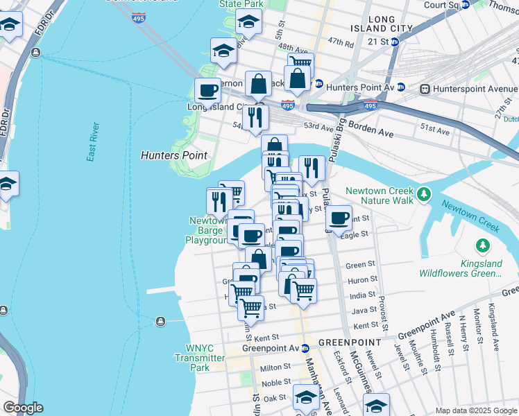 map of restaurants, bars, coffee shops, grocery stores, and more near 65 Commercial Street in Brooklyn