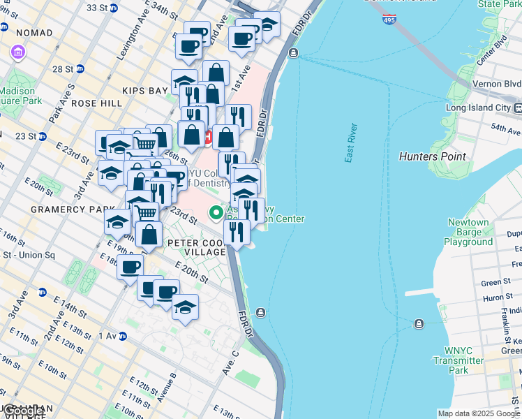 map of restaurants, bars, coffee shops, grocery stores, and more near 20 Waterside Plaza in New York