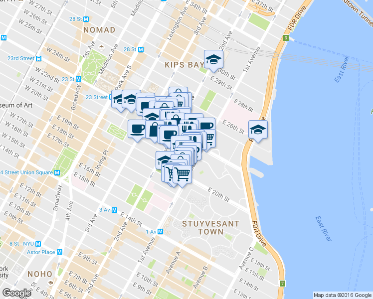 map of restaurants, bars, coffee shops, grocery stores, and more near 320 East 23rd Street in New York