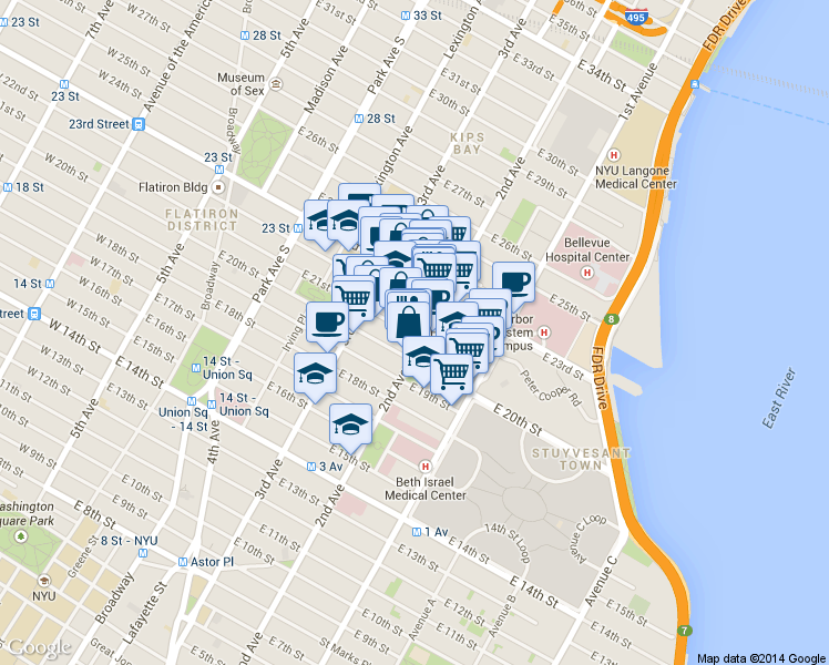map of restaurants, bars, coffee shops, grocery stores, and more near 380 2nd Avenue in New York