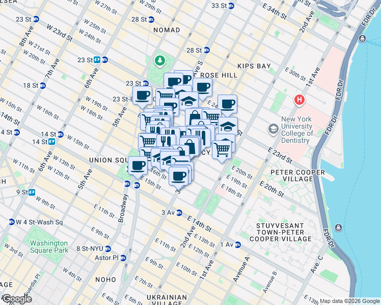 map of restaurants, bars, coffee shops, grocery stores, and more near 127 East 19th Street in New York