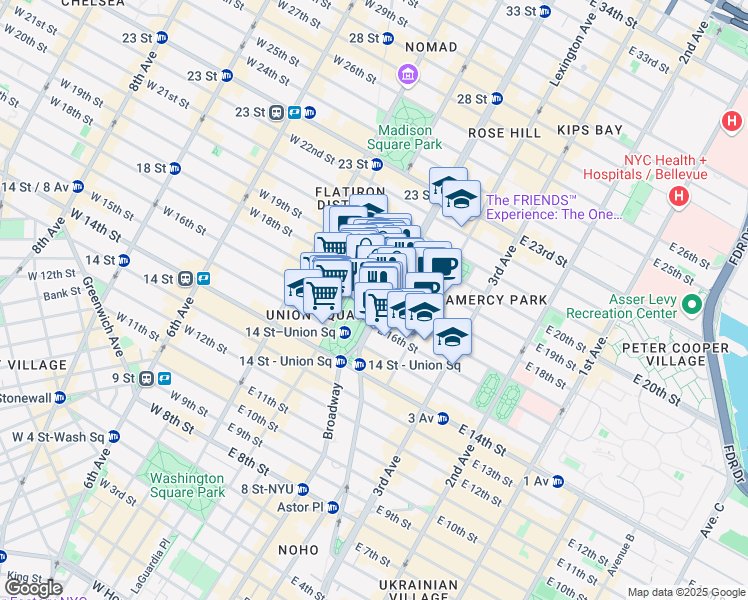map of restaurants, bars, coffee shops, grocery stores, and more near 37 East 18th Street in New York