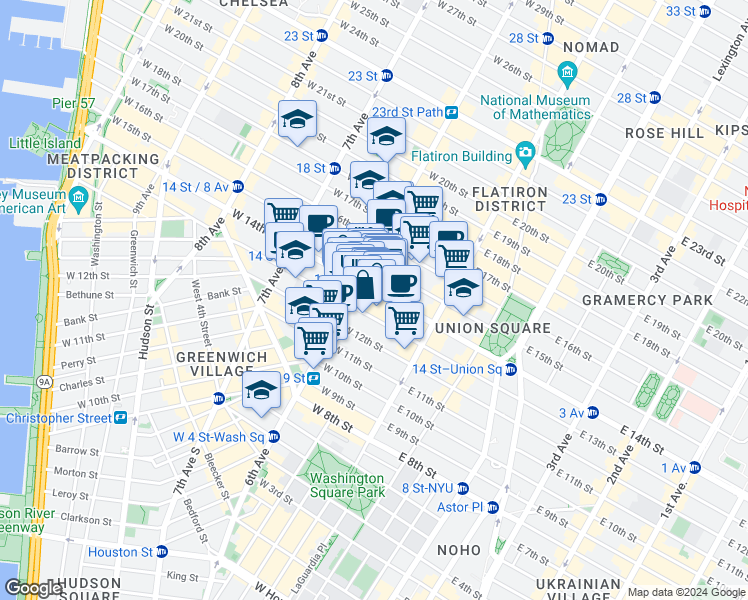 map of restaurants, bars, coffee shops, grocery stores, and more near 39 West 14th Street in New York