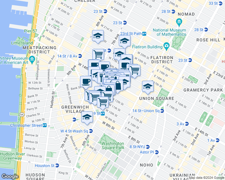 map of restaurants, bars, coffee shops, grocery stores, and more near in New York
