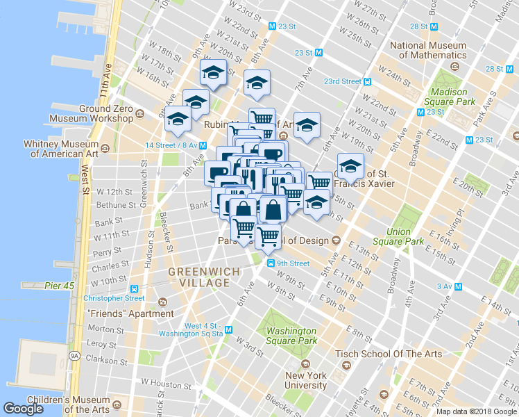 map of restaurants, bars, coffee shops, grocery stores, and more near 157 West 12th Street in New York