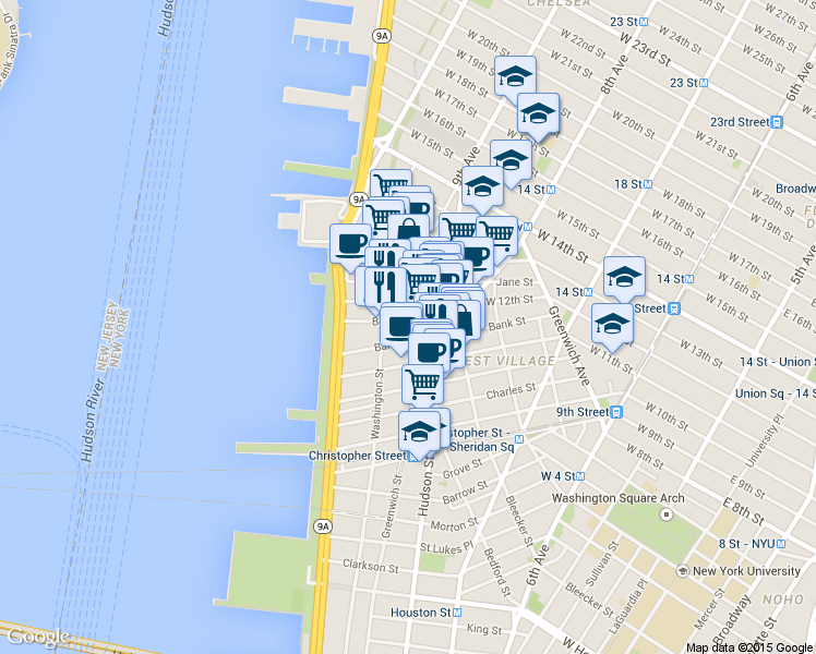 map of restaurants, bars, coffee shops, grocery stores, and more near 20 Bethune Street in New York