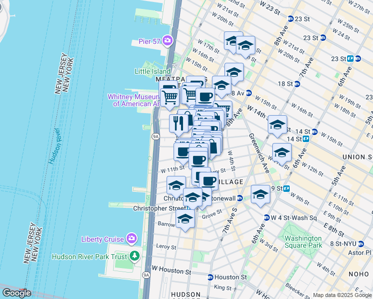 map of restaurants, bars, coffee shops, grocery stores, and more near 20 Bethune Street in New York