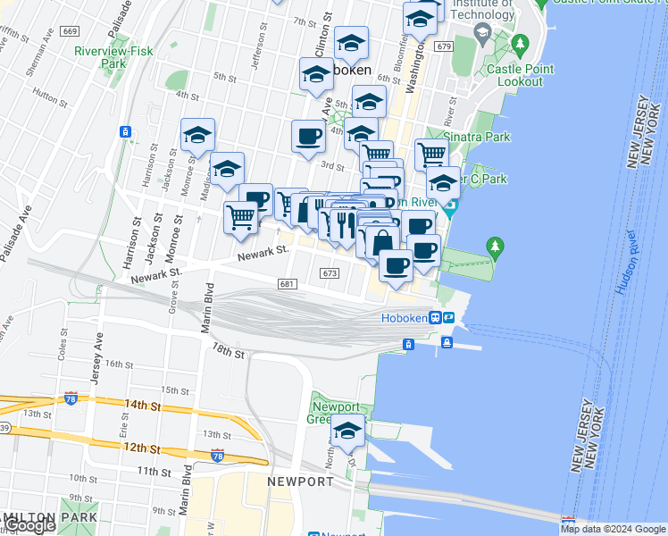 map of restaurants, bars, coffee shops, grocery stores, and more near 163 Newark Street in Hoboken