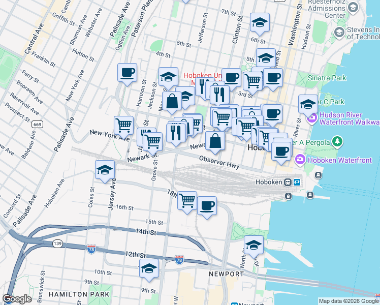 map of restaurants, bars, coffee shops, grocery stores, and more near 415 Newark Street in Hoboken