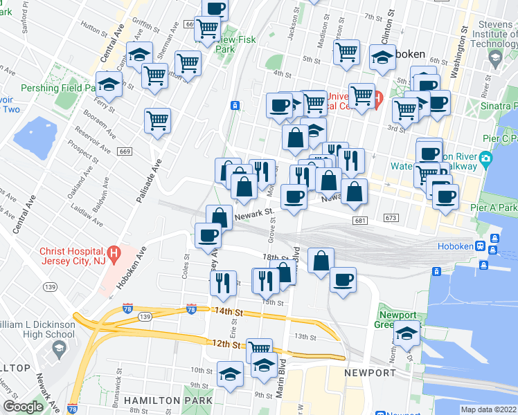 map of restaurants, bars, coffee shops, grocery stores, and more near 610 Newark Street in Hoboken