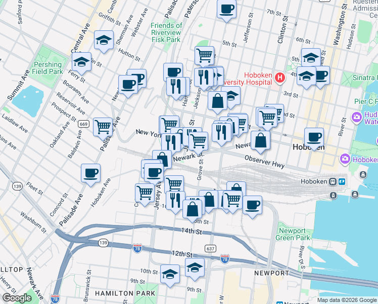 map of restaurants, bars, coffee shops, grocery stores, and more near 610 Newark Street in Hoboken