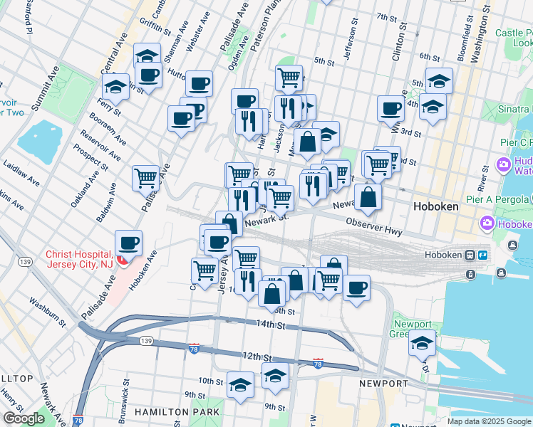map of restaurants, bars, coffee shops, grocery stores, and more near 610 Newark Street in Hoboken