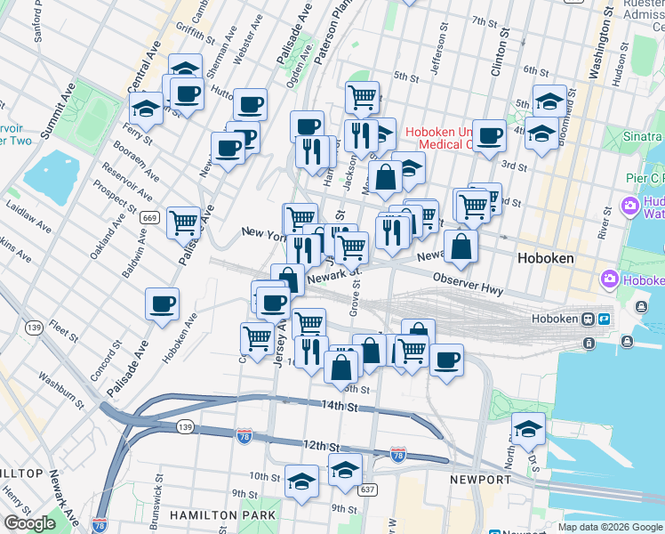 map of restaurants, bars, coffee shops, grocery stores, and more near 610 Newark Street in Hoboken