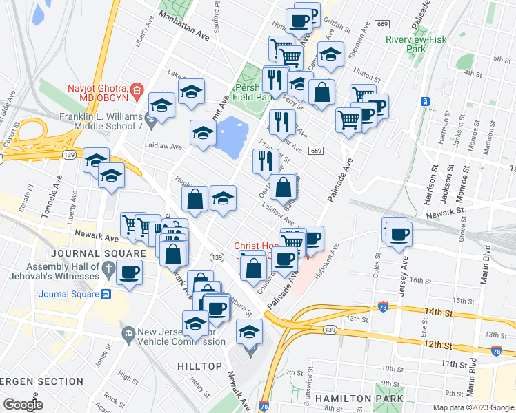 map of restaurants, bars, coffee shops, grocery stores, and more near 79 Laidlaw Avenue in Jersey City