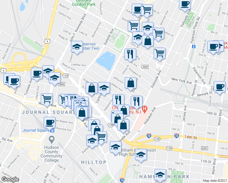 map of restaurants, bars, coffee shops, grocery stores, and more near 79 Laidlaw Avenue in Jersey City