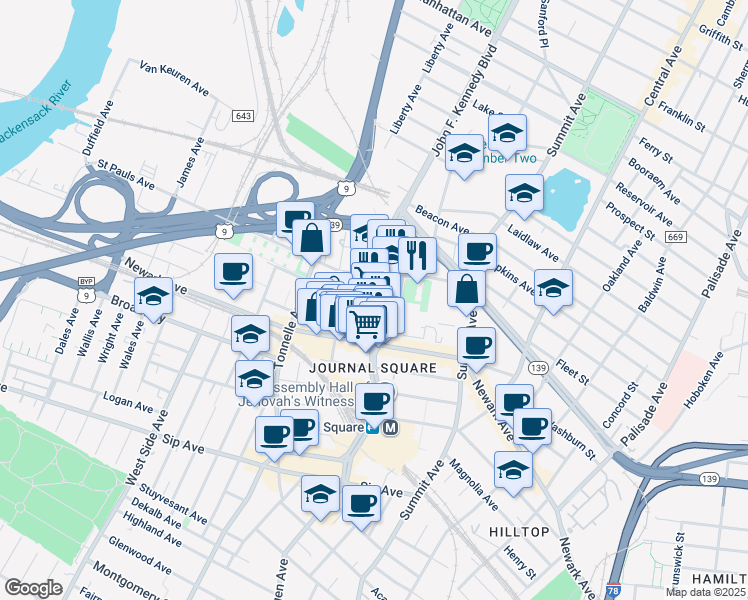 map of restaurants, bars, coffee shops, grocery stores, and more near 3040 John F. Kennedy Boulevard in Jersey City