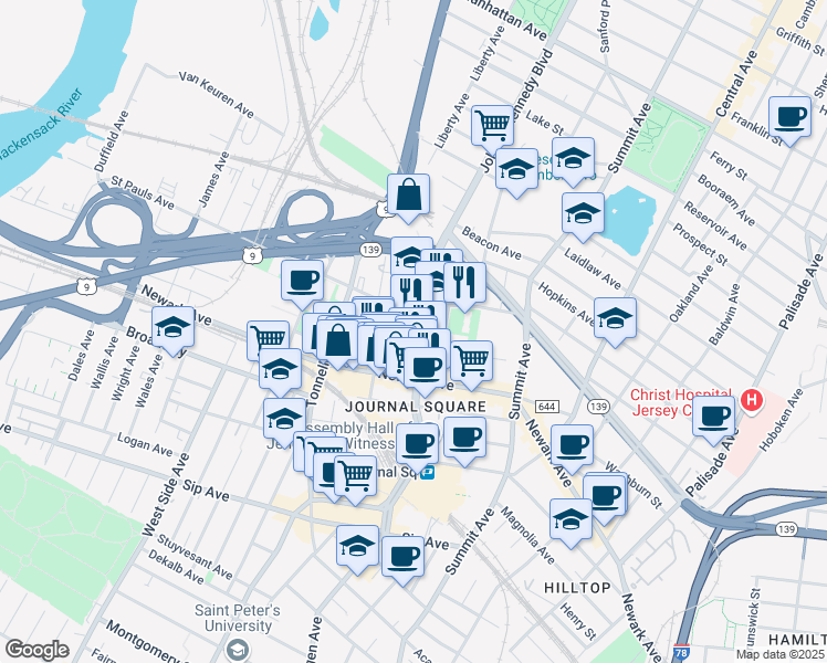 map of restaurants, bars, coffee shops, grocery stores, and more near 3040 John F. Kennedy Boulevard in Jersey City