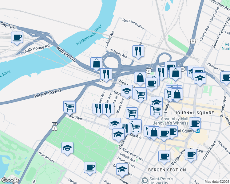 map of restaurants, bars, coffee shops, grocery stores, and more near 153 County Road 642 in Jersey City