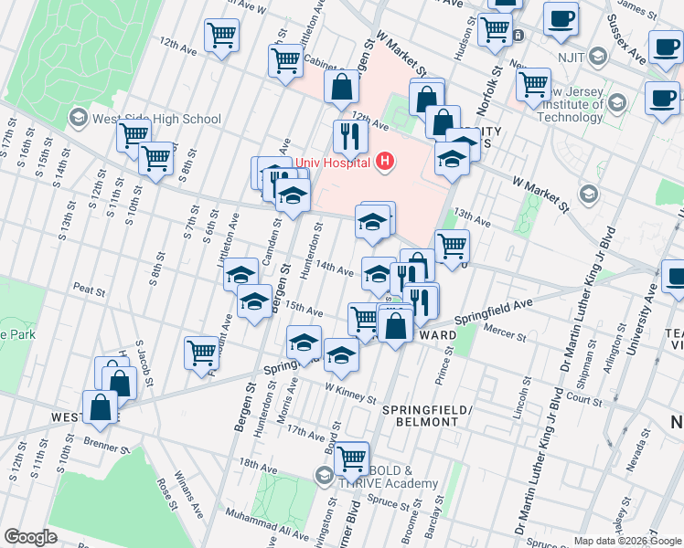 map of restaurants, bars, coffee shops, grocery stores, and more near 55 14th Avenue in Newark