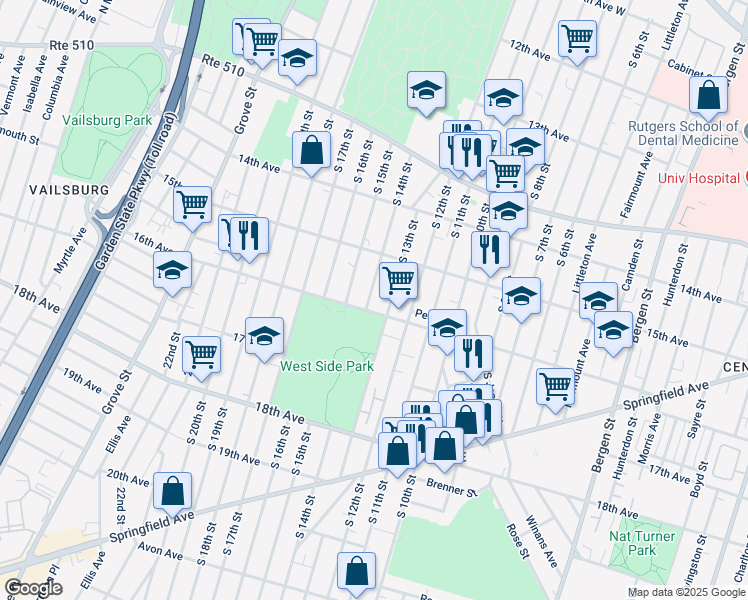 map of restaurants, bars, coffee shops, grocery stores, and more near 493 South 13th Street in Newark