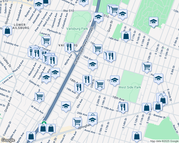 map of restaurants, bars, coffee shops, grocery stores, and more near 18 Montrose Terrace in Irvington