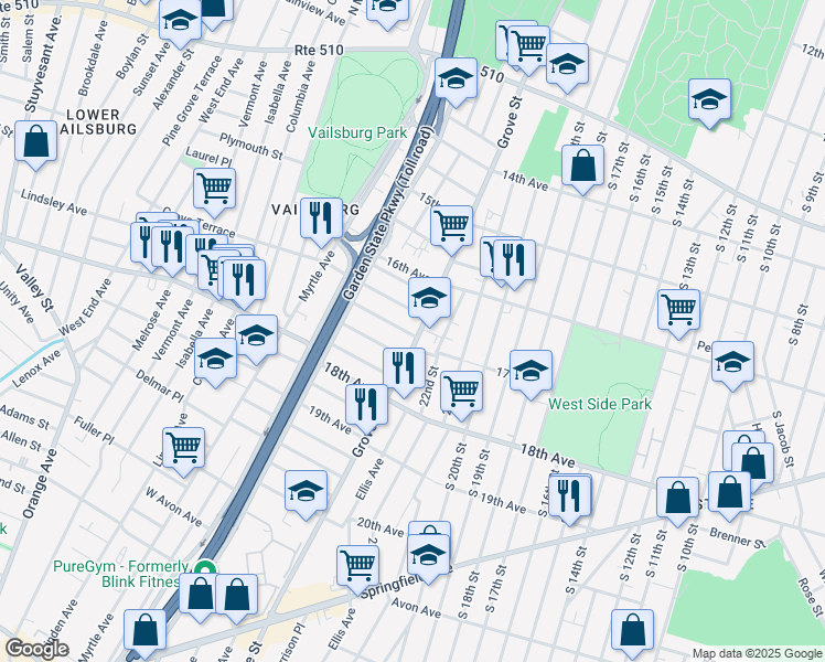 map of restaurants, bars, coffee shops, grocery stores, and more near 18 Montrose Terrace in Irvington