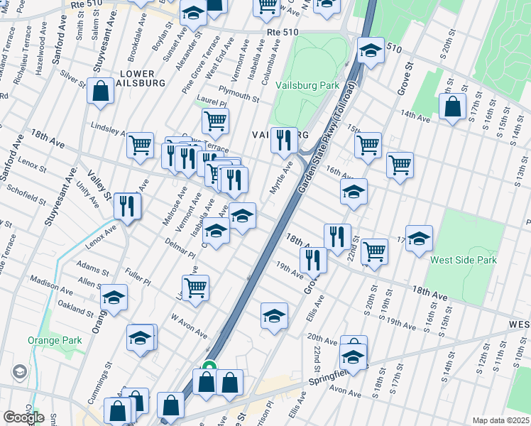 map of restaurants, bars, coffee shops, grocery stores, and more near 337 Myrtle Avenue in Irvington