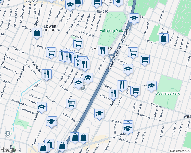 map of restaurants, bars, coffee shops, grocery stores, and more near 337 Myrtle Avenue in Irvington
