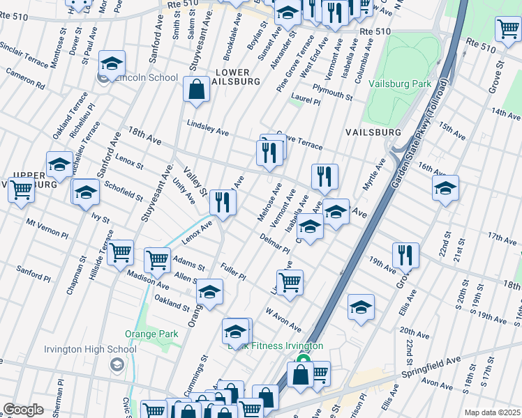 map of restaurants, bars, coffee shops, grocery stores, and more near 115 University Place in Irvington