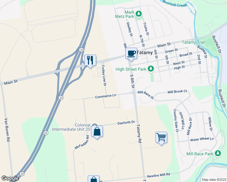 map of restaurants, bars, coffee shops, grocery stores, and more near 130 Commerce Lane in Easton