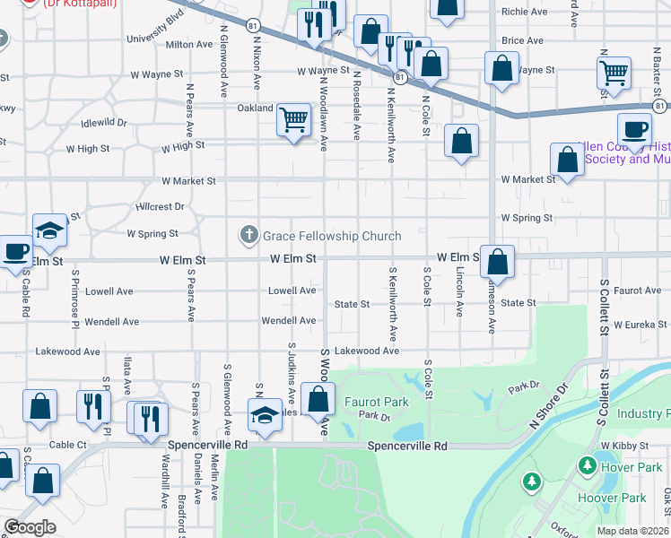 map of restaurants, bars, coffee shops, grocery stores, and more near 301 S Woodlawn Ave in Lima